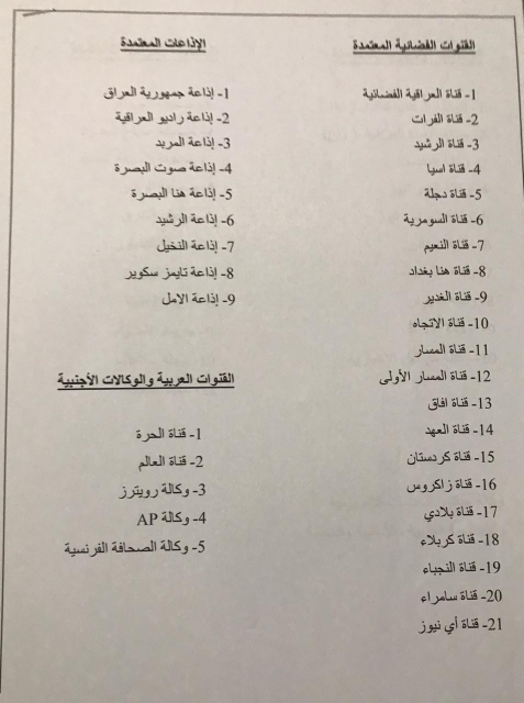 نقابة الصحفيين العراقيين تعلن قائمة المؤسسات الإعل