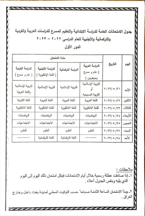 التربية تحدد  مواعيد الامتحانات النهائية / الدور ا