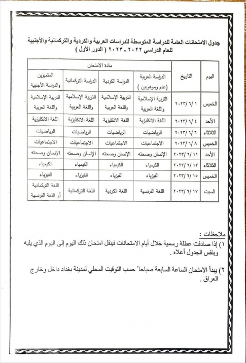 التربية تحدد  مواعيد الامتحانات النهائية / الدور ا